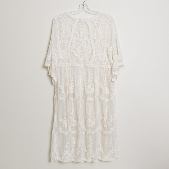 Suzy Shier White Floral Embroidered Mesh Kimono Duster Cover Up One Size - Picture 3 of 13